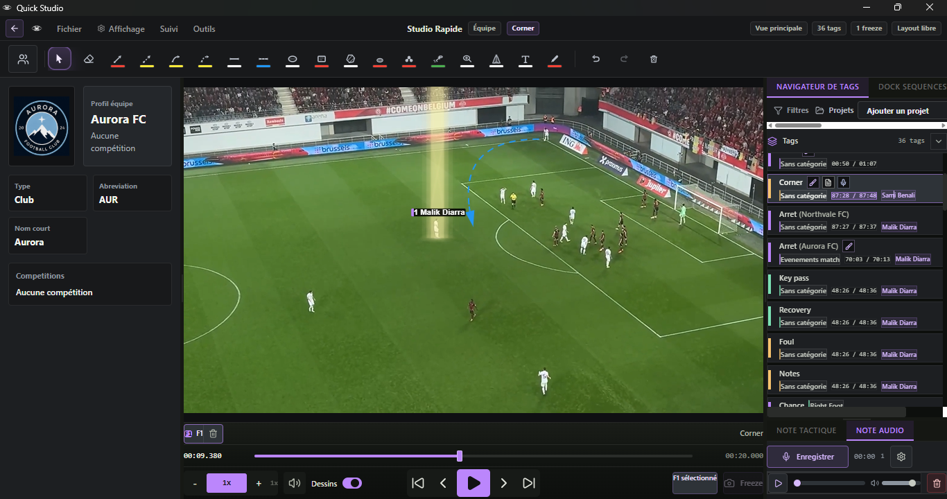 Quick Studio Équipe QLGM Vision — base de données équipe, navigateur de tags par compétition et joueur.